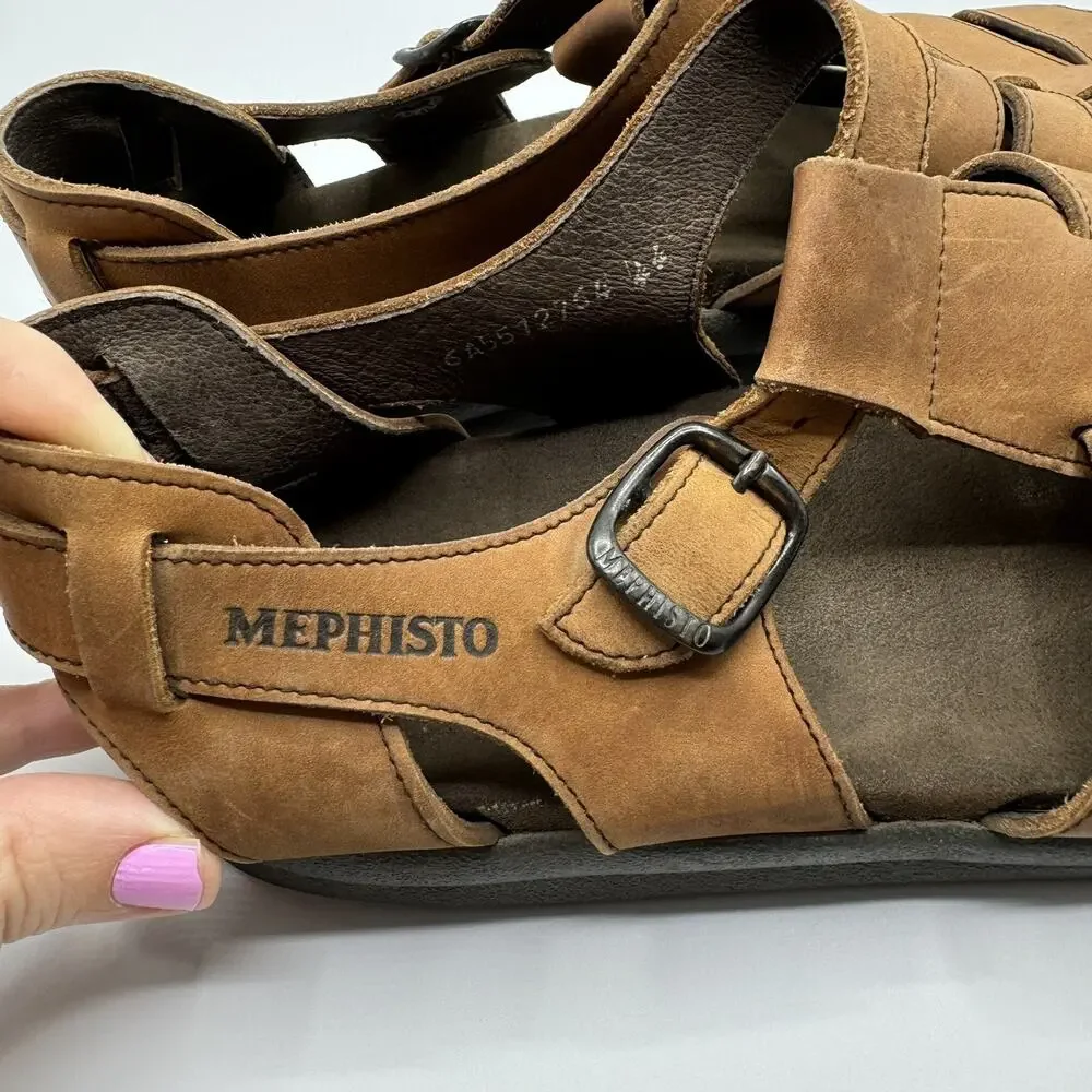 Mephisto Sam Mens 10 EU 44 Fisherman Sandals Nubuck Leather Brown Strap Back